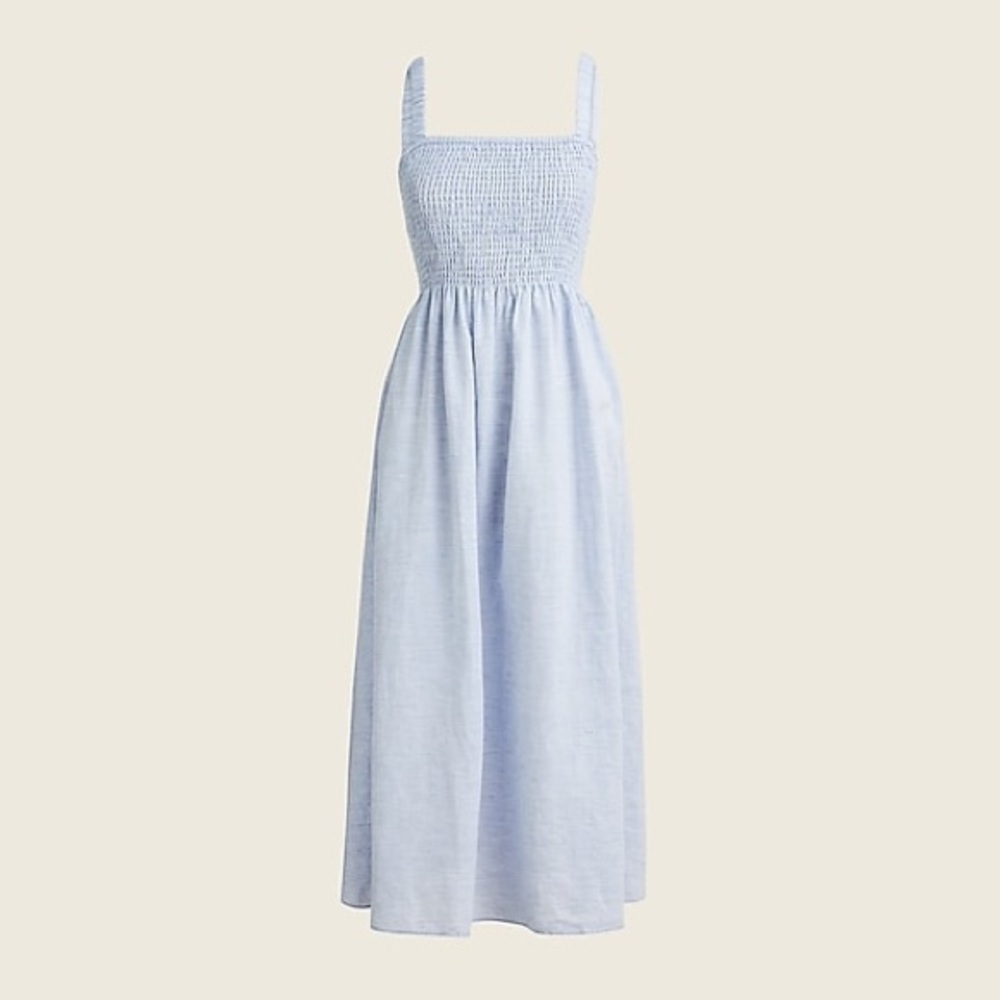J Crew smocked beach dress linen cotton stripes - blue. Perfect Condition.
